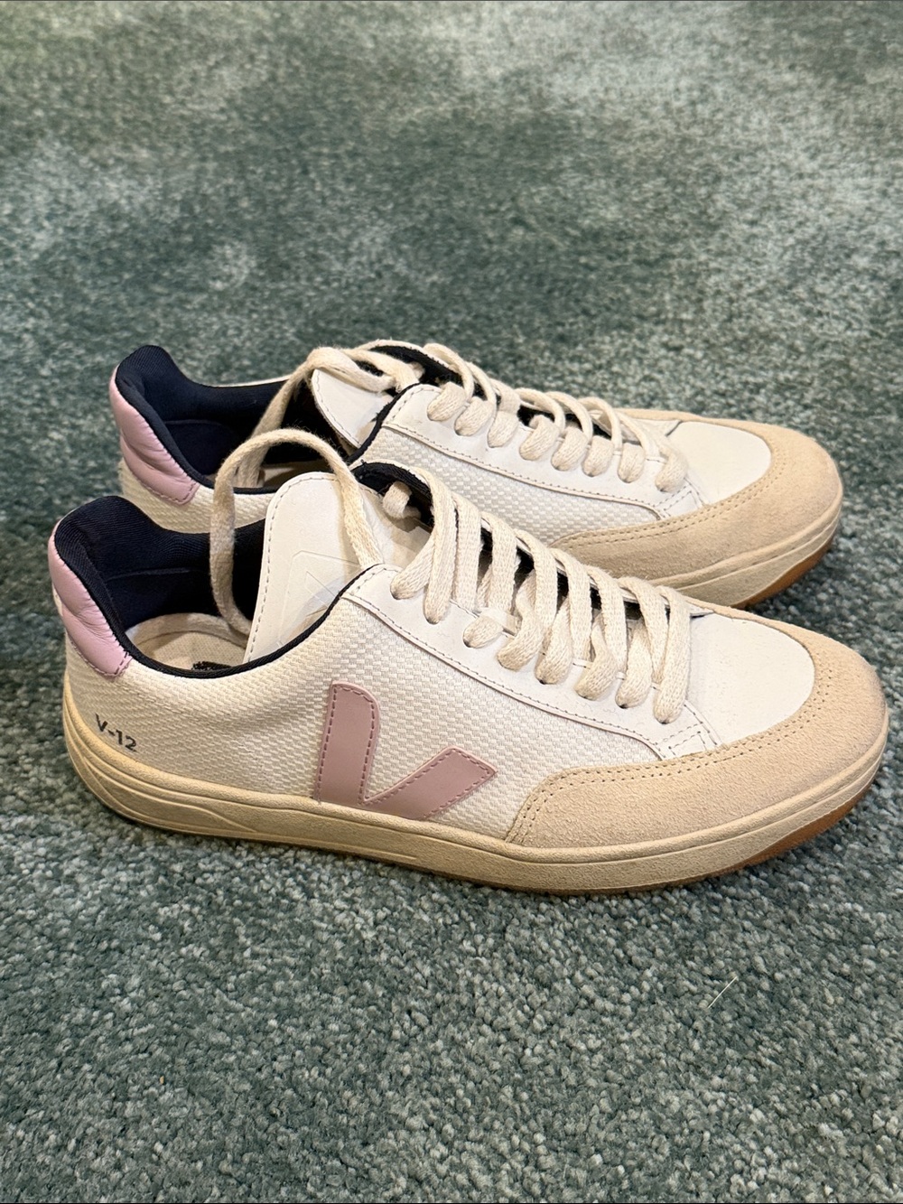 Veja V-12 Sneakers in White and Light Pink